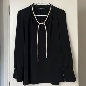 Derek Lam Black silk blouse with cream string tie collar